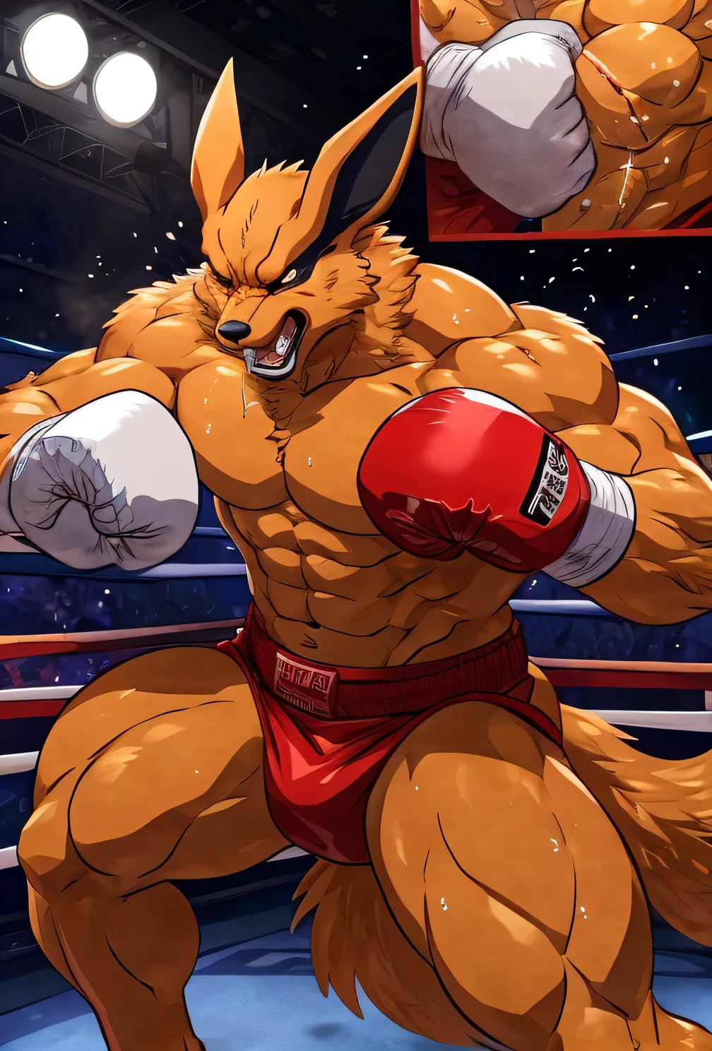 super high quality):1.4,color, Smooth cartoon style, motorcycle_Arashi Style, wfa style, 2 text, Kurama:1. Boxing, muscle:1, Athletic build, Abdominal muscles, Anime Martial Arts, Sweat, strong:1 Male, Boxing Ring, Finding:1 scene, (Body Blow):1.4. Punching, Bash, dynamic:1 scene, おPunch in the stomach, Punch in the stomach, Hit with a fist:1 stomach, Put your fist on your stomach, Fist on stomach, Punching each other, Wearing boxing gloves, Detailed boxing gloves Saliva from the mouth