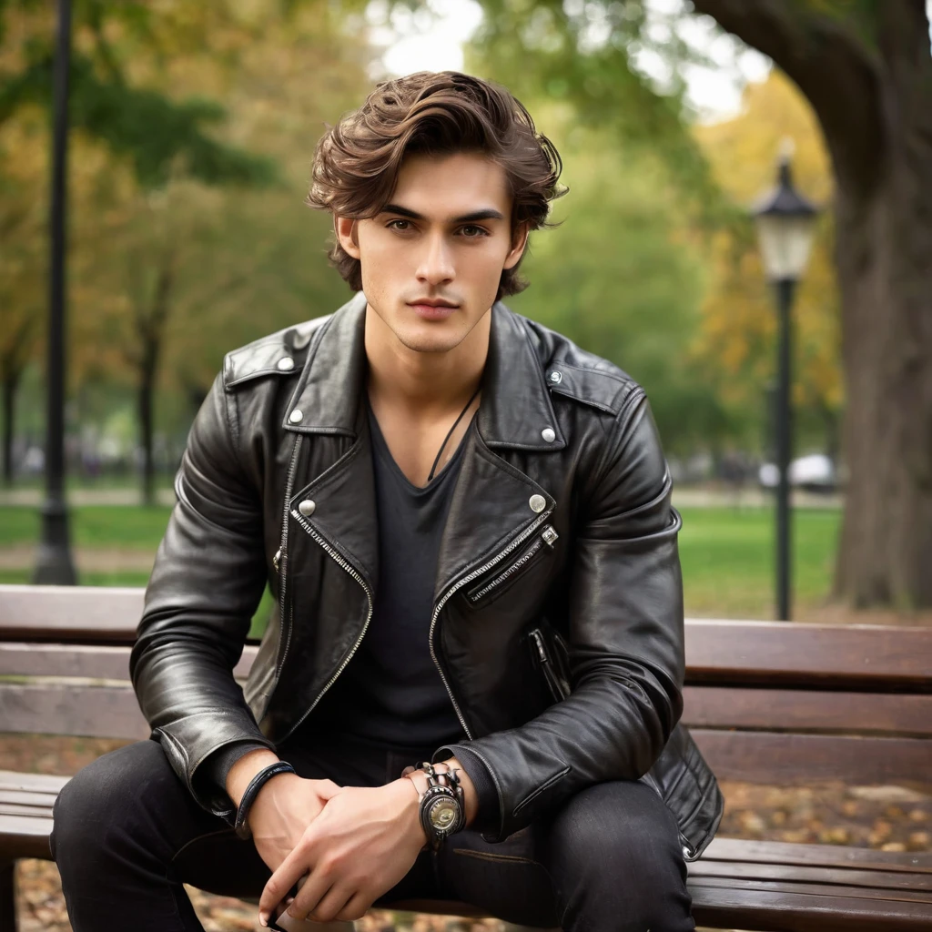 Generate a realistic photo of a handsome 24 year old man, sitting on a wooden bench in a park, one arm draped over the backrest and the other resting on his knee. His long, wavy dark brown hair frames his face, accentuating his strong jawline and high cheekbones. His hazel eyes, framed by thick, slightly arched eyebrows, are focused on the book in his hand, reflecting a somber, introspective mood. He wears fitted jeans and a plain shirt under his leather jacket, accessorized with a simple necklace and leather bracelets. His boho chic style is complemented by his natural, relaxed posture, capturing the emotional essence of his Irish and Indian heritage.