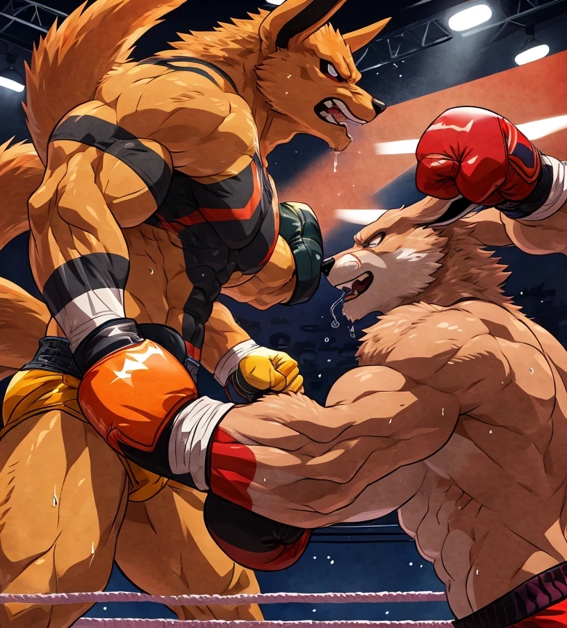 super high quality):1.4,color, Smooth cartoon style, motorcycle_Arashi Style, wfa style, 2 text, Kurama:1. Boxing, muscle:1, Athletic build, Abdominal muscles, Anime Martial Arts, Sweat, strong:1 Male, Boxing Ring, Finding:1 scene, (Body Blow):1.4. Punching, Bash, dynamic:1 scene, おPunch in the stomach, Punch in the stomach, Hit with a fist:1 stomach, Put your fist on your stomach, Fist on stomach, Punching each other, Wearing boxing gloves, Detailed boxing gloves Saliva from the mouth