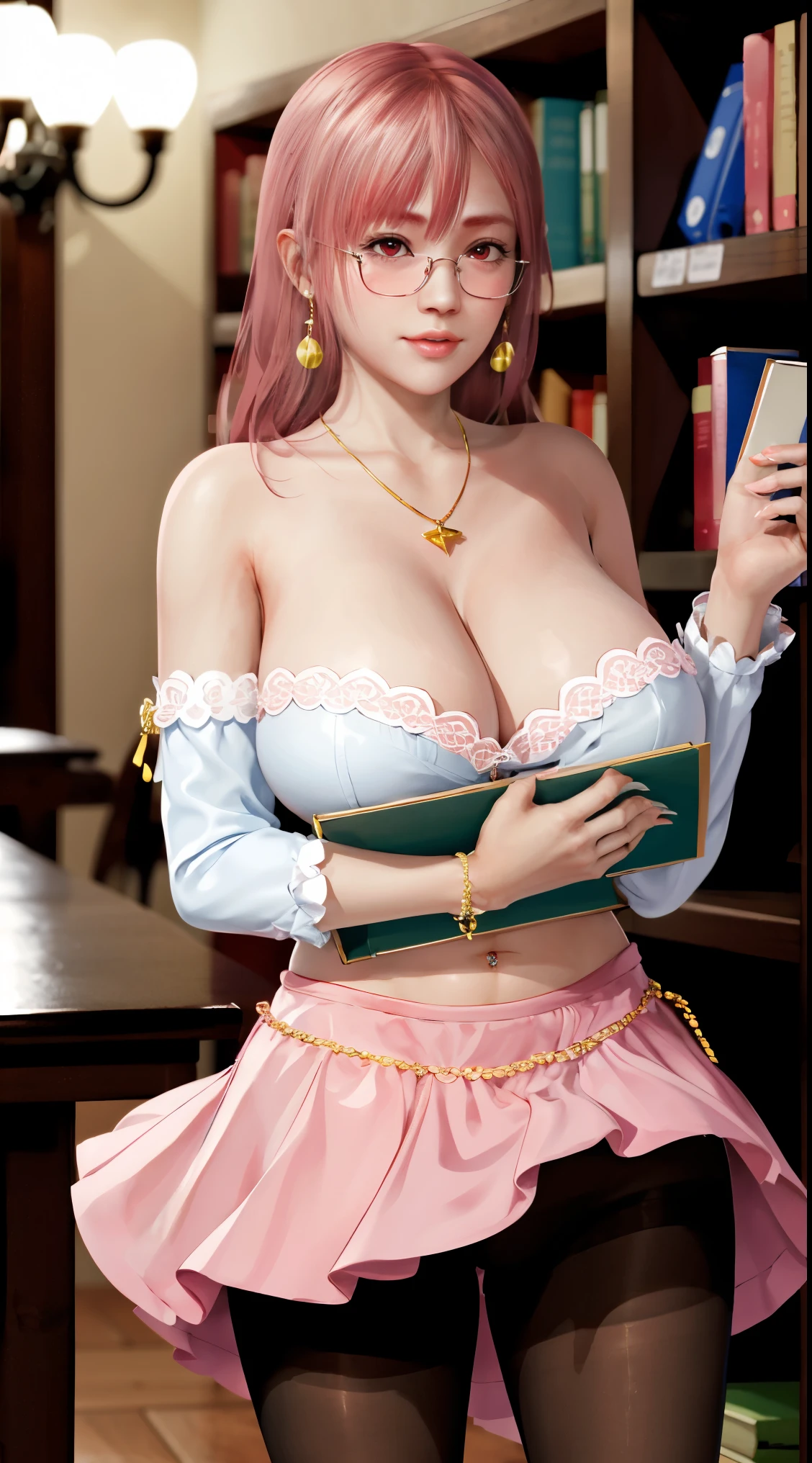 Honoka, 大student,Pink Hair,Huge breasts,cleveage,Low-cut,Pantyhose,Lovely,necklace,earrings,Red lips,Shy,wear glasses,student,Holding a book,library,scholar,PhD,,JK,mini skirt
