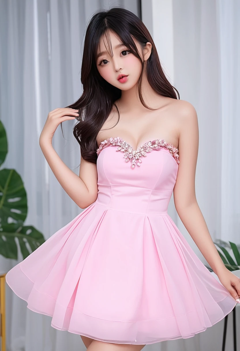 ((high quality:1.2)), (8k), extremely detailed, ((High detail:1.2)), ((best resolution:1.4)), Solo, ((18 years old pretty perfect Korean Ulzzang young:1.5)), ((pink dress strapless)), (perfect round breasts with silicone), (hourglass hot body),