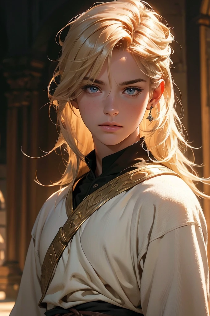 a young male knight with medium-length blond hair, wearing an epaulet, holding a sword, dressed in a medieval outfit, with plain features, hazel eyes, long eyelashes, a crown, gazing towards the camera, in a graceful pose, waist-length image, (best quality,4k,8k,highres,masterpiece:1.2),ultra-detailed,(realistic,photorealistic,photo-realistic:1.37),portrait,medieval,cinematic lighting,dramatic shadows,warm color tones