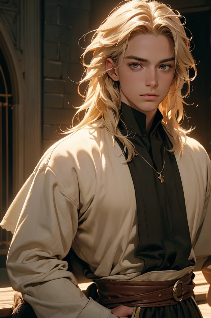 a young male knight with medium-length blond hair, wearing an epaulet, holding a sword, dressed in a medieval outfit, with plain features, hazel eyes, long eyelashes, a crown, gazing towards the camera, in a graceful pose, waist-length image, (best quality,4k,8k,highres,masterpiece:1.2),ultra-detailed,(realistic,photorealistic,photo-realistic:1.37),portrait,medieval,cinematic lighting,dramatic shadows,warm color tones