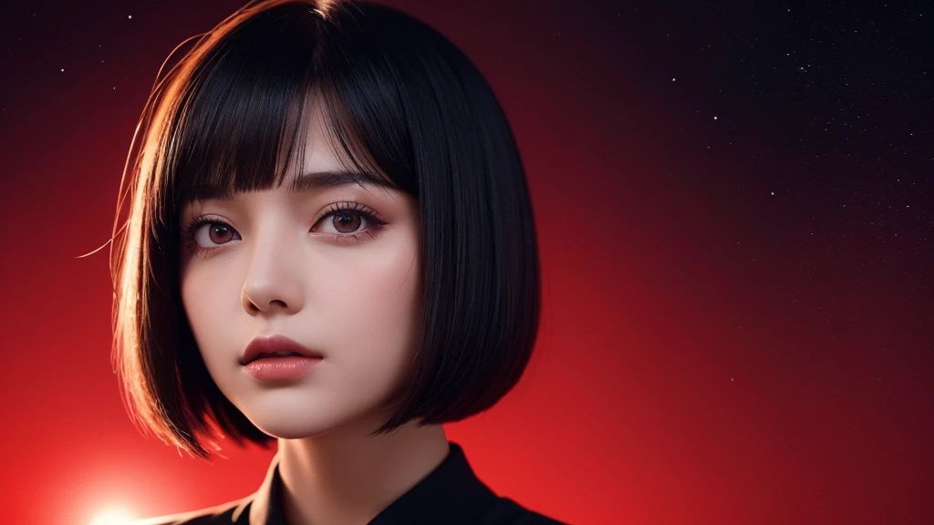 Delicate and dainty young woman with shiny bob-cut black hair . She is wearing bright red. The background is a fantastic and ethereal night sky that seems to be haunted by a specter. Her expression is stern and atmospheric. Angle from directly below. face closeup