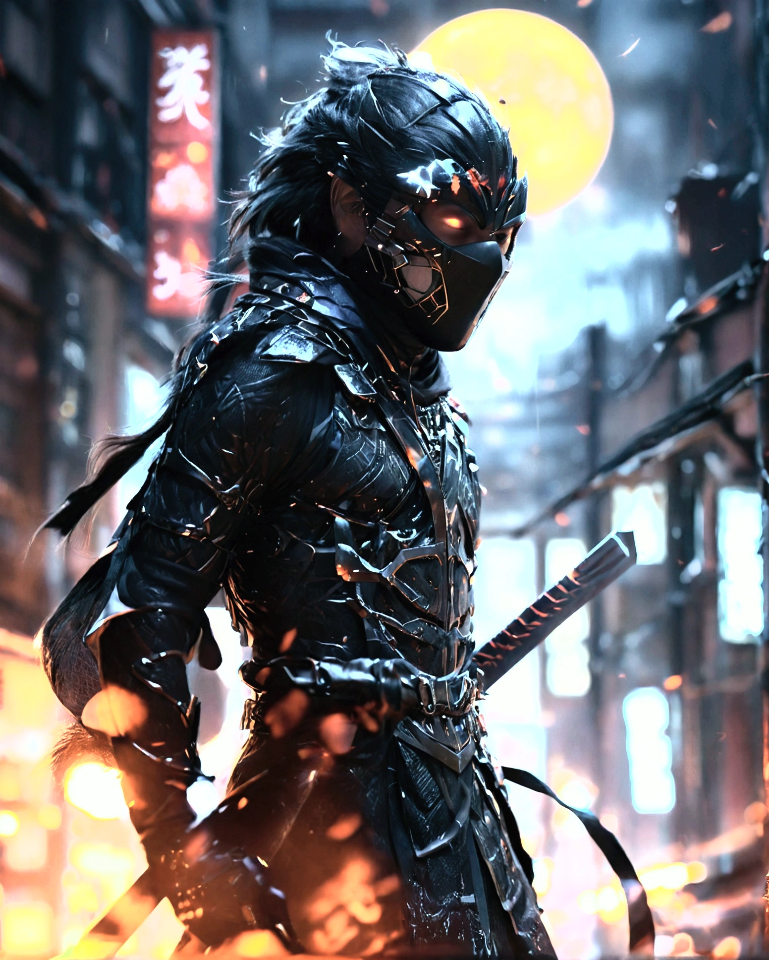 Design  the 'Shadow Ninja.' Hikaru should have a stealthy, enigmatic expression, with sharp, focused eyes and a nimble, agile pose. Outfit him in dark, sleek ninja attire with shadowy patterns and hidden weapons. The background should be a moonlit cityscape with dark alleys and subtle shadow effects. Capture Hikaru’s stealth and precision.