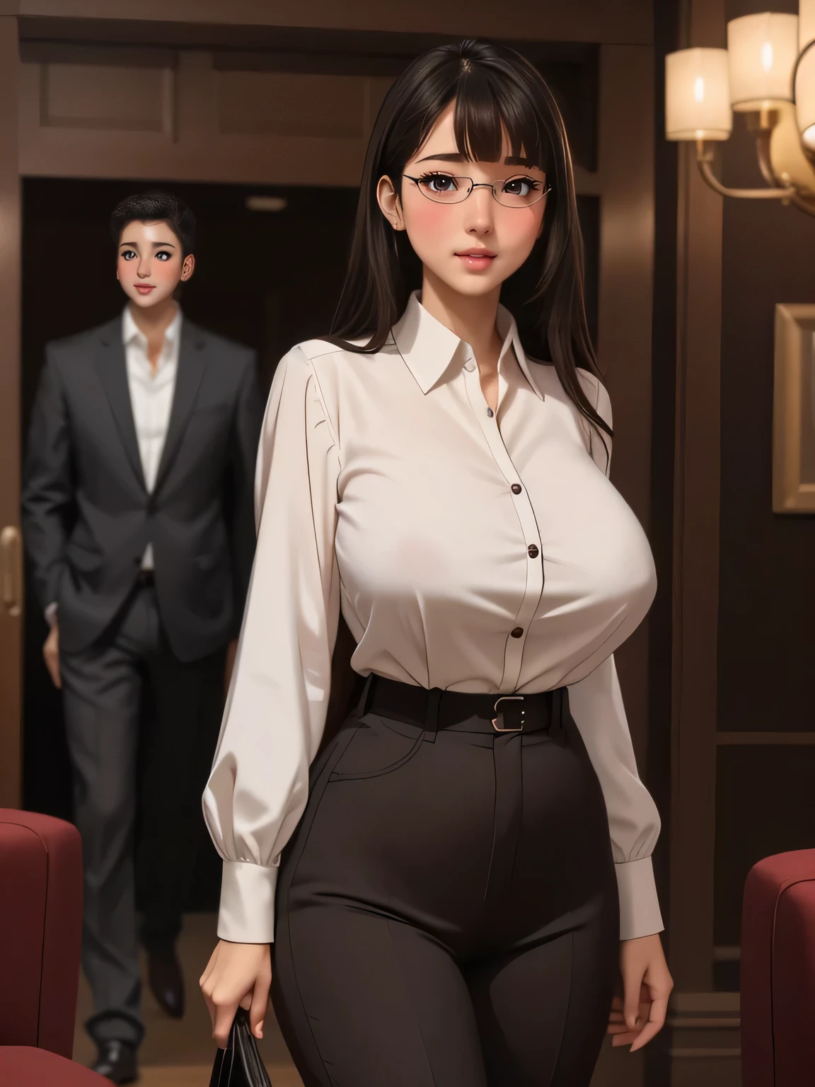 (highres, high quality:1.3), intricate details, cinematic lighting, sharp focus, depth of field,
KuroseKatsuko, 1girl, solo, full body, side view, mature female 

Long hair , makeup, lipstick, eyelashes, brown eyes, detailed eyes, glasses, perfect face, cute nose, beautiful face, perfect face, illuminated face, thick lips, blushes, symmetrical face, beautiful detailed face, human ears, seductive, pleasure expression, orgasm expression,
Buttoned up blouse, black pants,  tight clothes,
huge breasts, hourglass figure, big breasts, huge breasts, large breasts, very slim stomach, thin belly, buttoned up blouse, blouse collar buttoned, all buttons fastened on blouse 