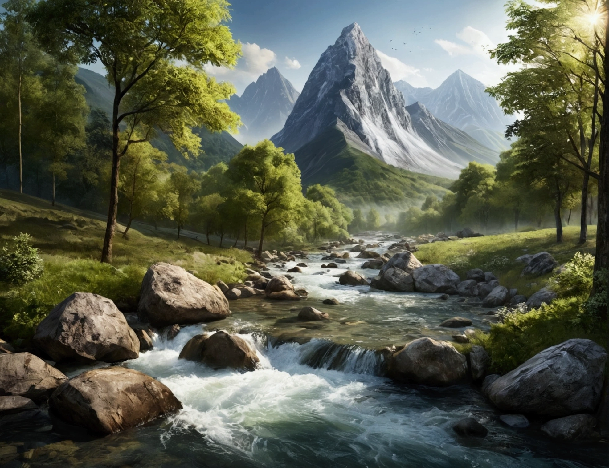 Create a beautiful, eye-catching and attractive Vinkg landscape with a mountain river and trees