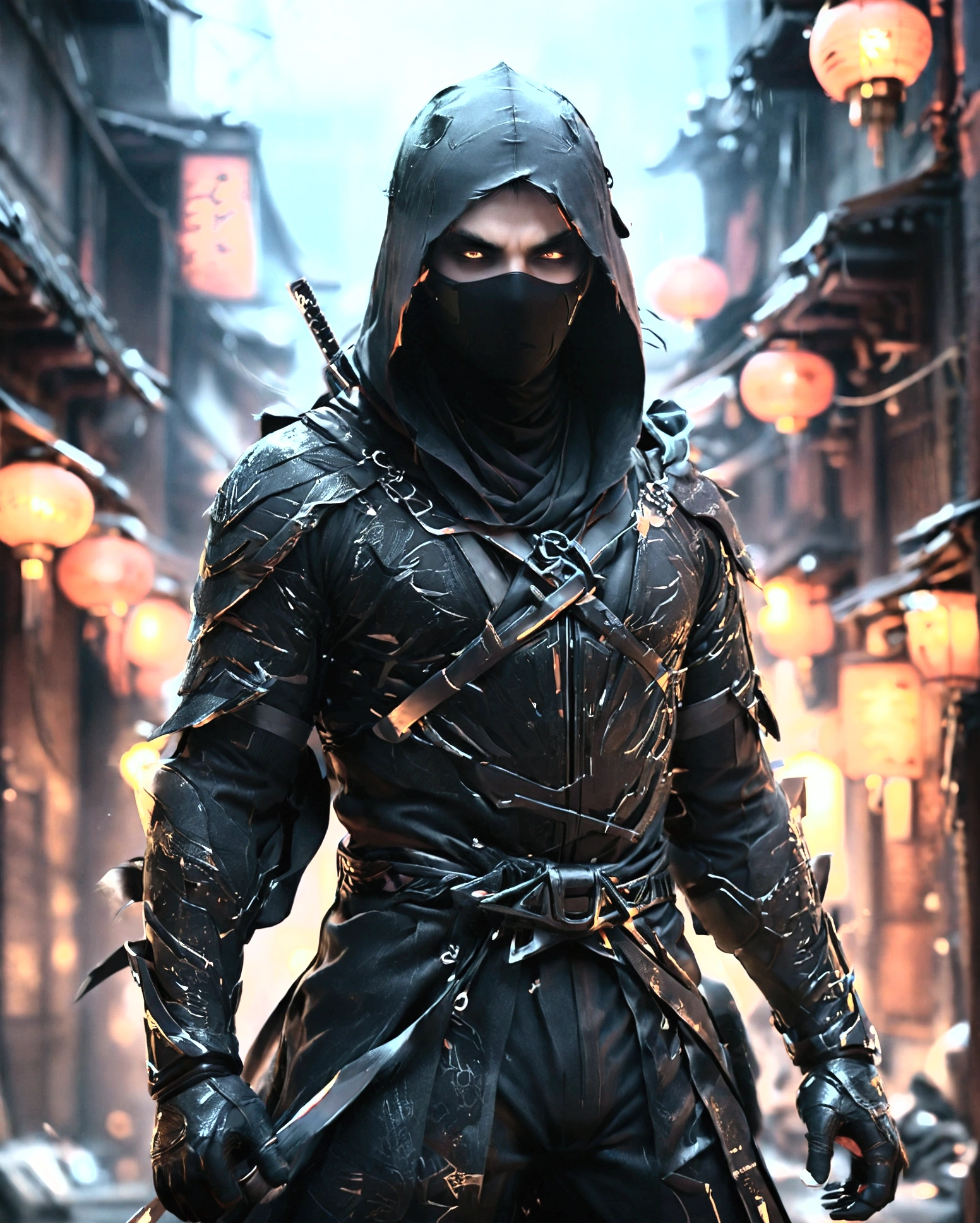 Design , the 'Shadow Ninja.' Hikaru should have a stealthy, enigmatic expression, with sharp, focused eyes and a nimble, agile pose. Outfit him in dark, sleek ninja attire with shadowy patterns and hidden weapons. The background should be a moonlit cityscape with dark alleys and subtle shadow effects. Capture Hikaru’s stealth and precision.