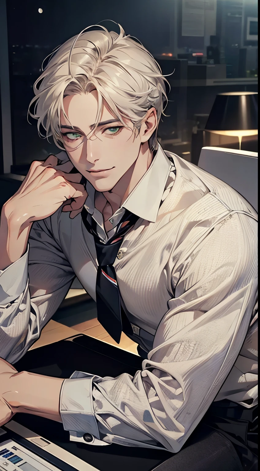 (Highest quality,4K,8K,High resolution,masterpiece:1.2),Super detailed,(Realistic,photoRealistic,photo-Realistic:1.37),1 person,34 years old,Mature Men,Beautiful skin、very handsome,Expressionless smile in love,Short white hair,green eyes,Sharp Eyes,A perfect face without a doubt,Businessman, CEO, Office Background,Cinema Lighting,HDR image,tie、