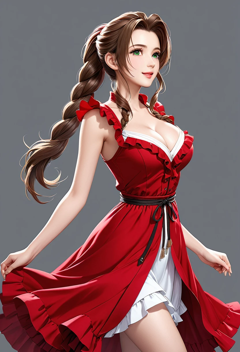 (((masterpiece))),((Highest quality)),Beautiful girl, Aerith, Sexy witch, bangs、(Long Hair, Braided ponytail:1.5)、(((healthy shaped body, huge firm bouncing bust, Deep cleavage)))、23 years old、Translucent white skin, Clear emerald eyes, Sparkling sweat, (Gorgeous intricately structured red ruffle dress:1.65)、Japanese girl、 Beautiful digital artwork, Beautiful fantasy art, dynamic sely poses, A kind smile BREAK (simple white Background:1.6)