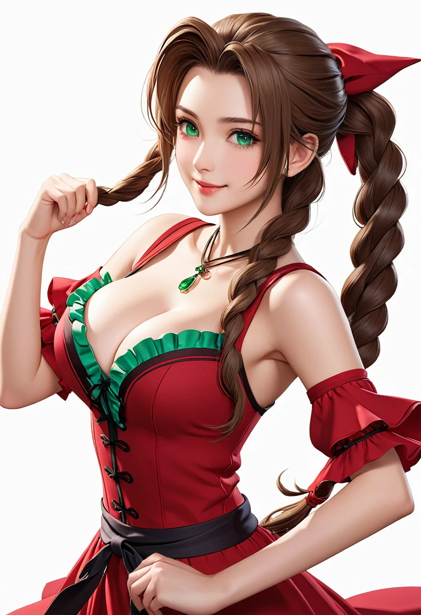 (((masterpiece))),((Highest quality)),Beautiful girl, Aerith, Sexy witch, bangs、(Long Hair, Braided ponytail:1.5)、(((healthy shaped body, huge firm bouncing bust, Deep cleavage)))、23 years old、Translucent white skin, Clear emerald eyes, Sparkling sweat, (Gorgeous intricately structured red ruffle dress:1.65)、Japanese girl、 Beautiful digital artwork, Beautiful fantasy art, dynamic sely poses, A kind smile BREAK (simple white Background:1.6)