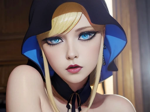 Attractive girl with big blue eyes, White skin, eyeliner blonde hair with bangs, voluminous lips, thin nose, slender bodies, nsfw big tits, Image 1.2, high resolution 12k gothic makeup fanart Awesome 