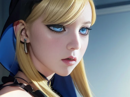 Attractive girl with big blue eyes, White skin, eyeliner blonde hair with bangs, voluminous lips, thin nose, slender bodies, nsfw big tits, Image 1.2, high resolution 12k gothic makeup fanart Awesome 