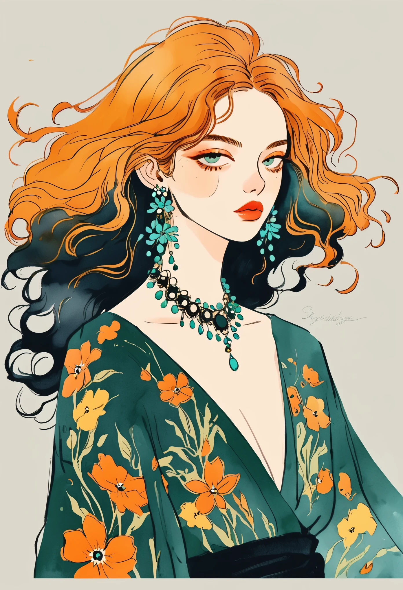 Fashion design sketch：Illustration for girls,Extravagant flower jewelry,solitary , Digital drawing, Fine Hair, (black line)，Illustration style, Digital Illustration, Color Sketch, watercolor Illustration style,