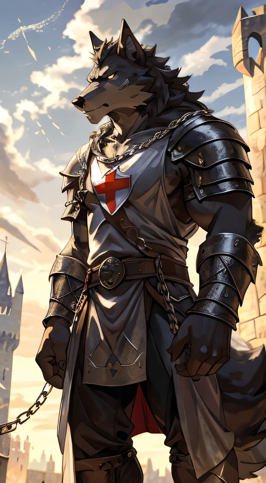 a werewolf wearing chain mail and a tabard with the red cross symbol of the knights templar, 8k, Super detail, Best Quality, textured skin, Alone, male, the second, gold eyes, CASTLE BACKGROUND, stoic expression, cloudy sky,