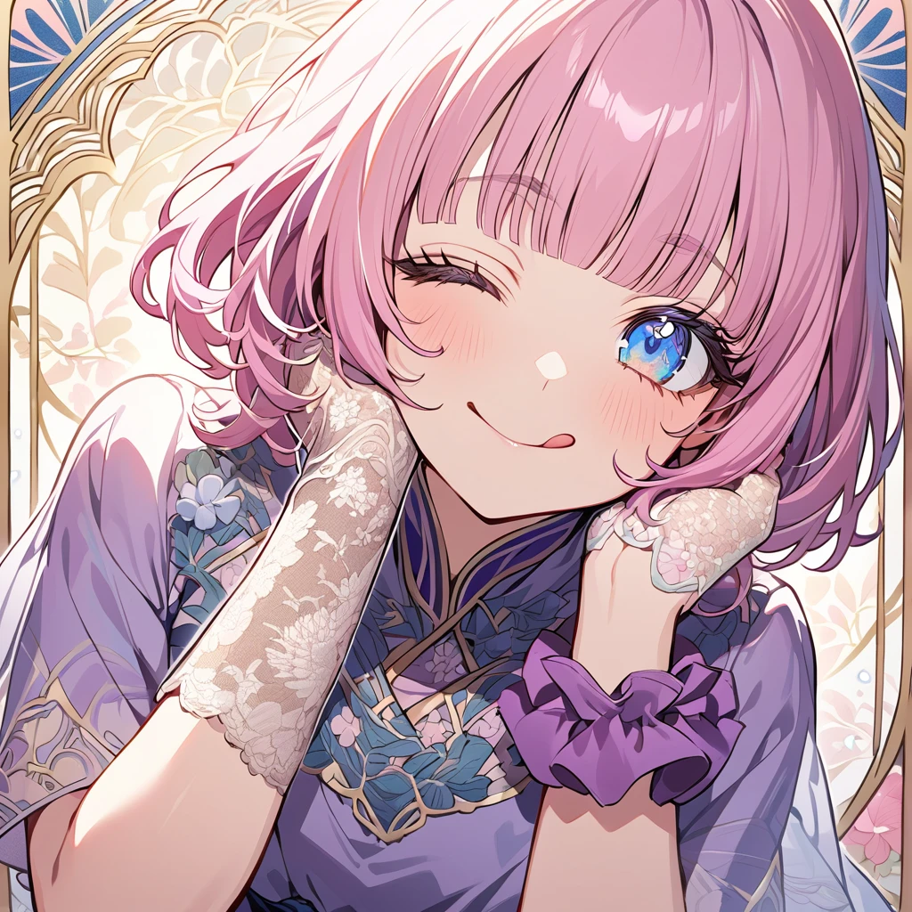 Hiori Light Art, Backlight, Pink Theme, (Art Nouveau:1.2), (Background of Meandros:1.2), pastel colour, One girl, alone, Portraiture, Pink Hair、Round Glasses、Short Bob,birthday whole cake, Striped Hair, 彼女はbirthday whole cakeが乗った皿を持っている, (Long eyelashes:1.2), Blunt bangs, blue eyes, Long eyelashes, Silk dress, Purple Dress, blue embroidery, Short sleeve, Birthday mood、Lace gloves, Wrist scrunchies, Gold border, (Emphasis on high-quality fabrics, embroidery:1.2 ), close, (;q:1.1), Close one eye, Conceit, Mouth closed, tongue, Put your hand on your cheek, head_Tilt, (Emphasis on high-quality fabrics, embroidery:1.2), bloom, Shine, Perfect lighting, masterpiece, Highest quality, Incredibly absurd, Super detailed, reflection, chrysanthemum, Poppy, peony