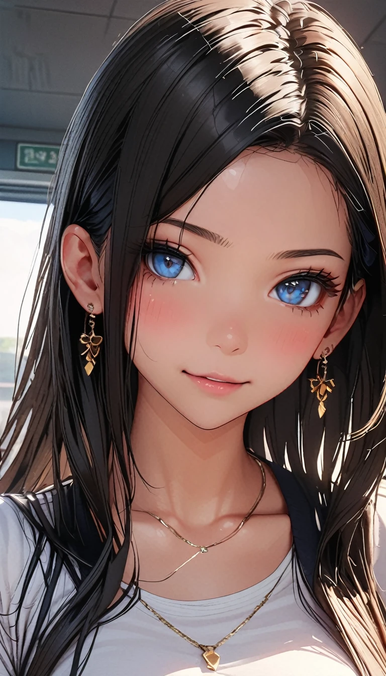(Highest quality、masterpiece、High resolution、detailed), (Realistic skin texture:1.3), (detailedな目、Beautiful Face), 1 female, Black Hair, Blue Eyes, Delicate face, cute, Love Earrings, White Dress, Standing at the entrance to the police station, Playful, Ultra HD, masterpiece, Highest quality, Super Detail, Accurate, 3D Anime Real,, rtrophto1