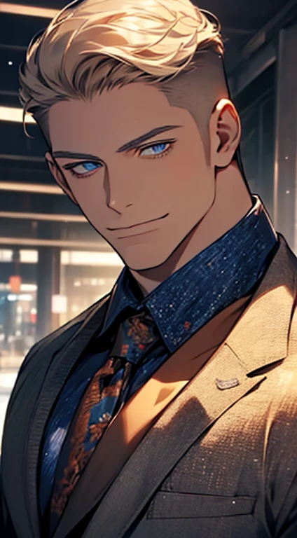 (best quality,4k,8k,highres,masterpiece:1.2),ultra-detailed,(realistic,photorealistic,photo-realistic:1.37),1 man,31 years old,mature man,very handsome,without expression,smile,short grey golden hair,blue eyes,penetrating gaze,perfect face without errors,imposing posture,businessman,office background,cinematic lighting,hdr image