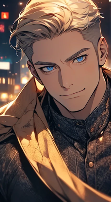 (best quality,4k,8k,highres,masterpiece:1.2),ultra-detailed,(realistic,photorealistic,photo-realistic:1.37),1 man,31 years old,mature man,very handsome,without expression,smile,short grey golden hair,blue eyes,penetrating gaze,perfect face without errors,imposing posture,businessman,office background,cinematic lighting,hdr image