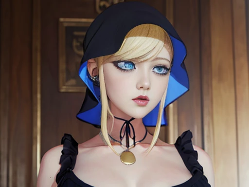 Attractive girl with big blue eyes, White skin, eyeliner blonde hair with bangs, voluminous lips, thin nose, slender body, nsfw big tits, Image 1.2, high resolution 12k gothic makeup fanart Awesome 