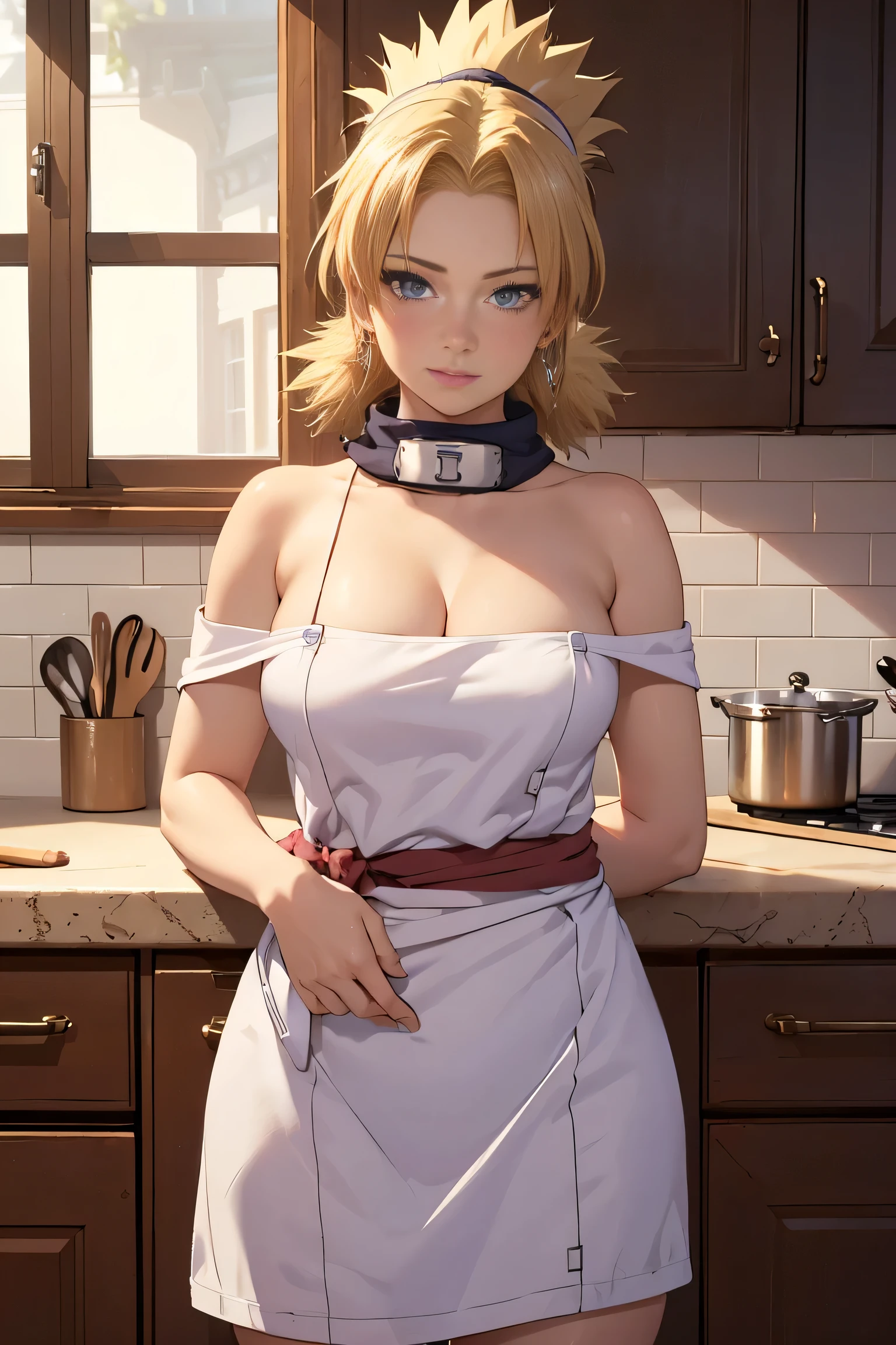 (Temari), ((((masterpiece, best quality, high resolution)))), 1girl, blonde hair, purple eyes, average breasts, blush, light smile, parted lips, glow, thighs, nipple, groin, pussy, bare shoulders, collarbone, narrow waist, cleavage, (masterpiece), (beautiful detailed face, beautiful detailed eyes), (naked apron, kitchen, arms behind back,)