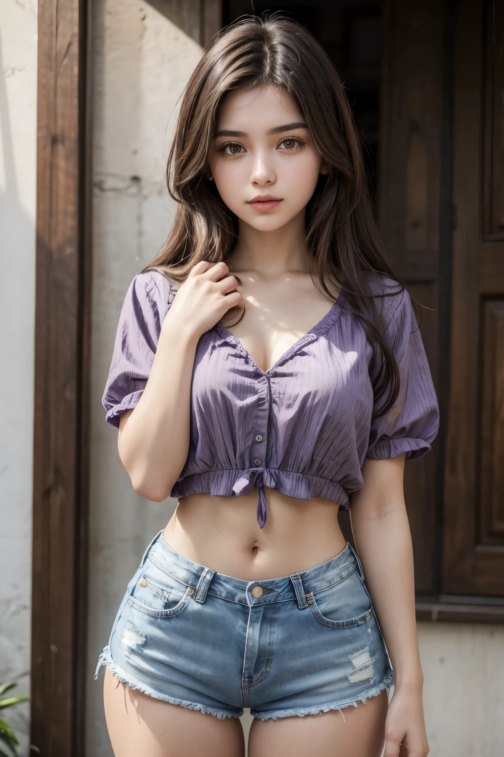 Beautiful 20-year-old brunette Brazilian style girl wearing a short purple blouse and high-waisted denim shorts showing her navel in an upright manner