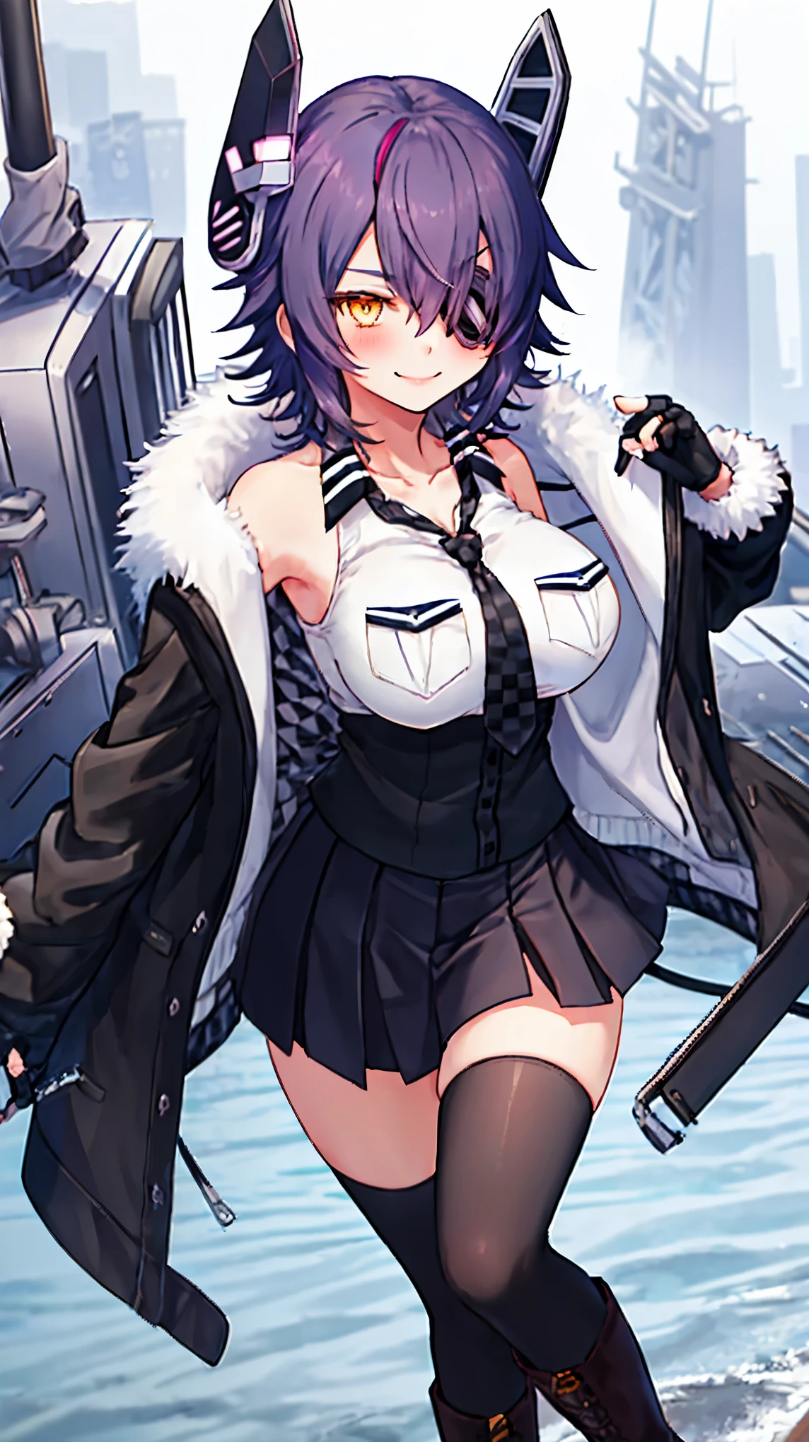 best quality, masterpiece, solo, {tenryuu_kantaicollection:1.15}, teen_girl, eyepatch, short_hair, purple_hair, yellow_eyes, headgear, breasts, necktie, large_breasts, smile, 1girl, blush, checkered_necktie, hair_over_one_eye, shirt, collared_shirt, white_shirt, jacket, sleeveless, brown_eyes, fur-trimmed_jacket, fur_trim, collarbone, looking_at_viewer, pocket, breast_pocket, ,, messy_hair, black_gloves, gloves, partially_fingerless_gloves,harbor_road_landscape_background,outdoor,short_skirt,thigh-highs,boots,sunlight,from_below