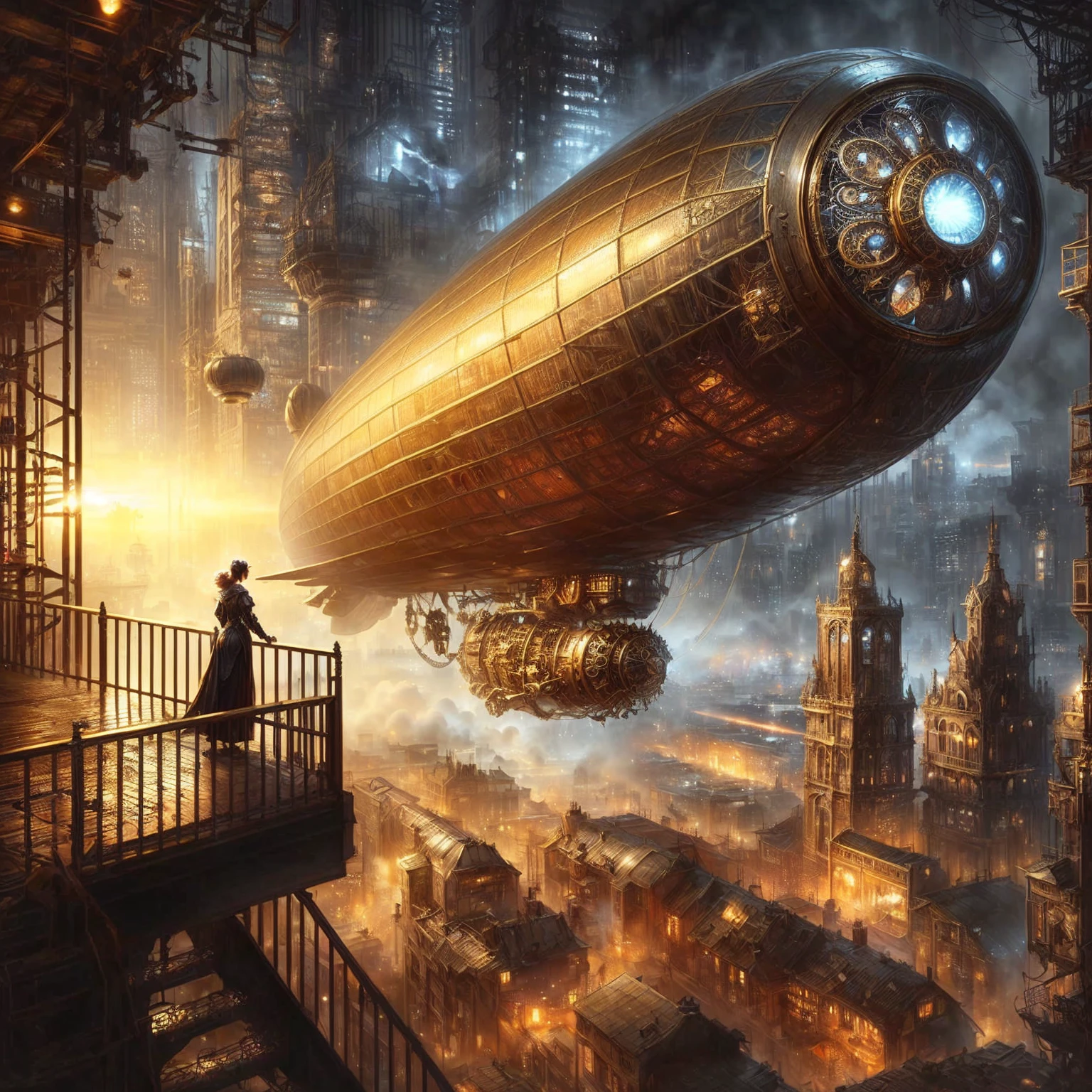 a woman standing on a balcony looking at a large brass airship, golden steampunk city atmosphere, steampunk zeppelin, airship in steampunk, steampunk digital art, steampunk airship, digital steampunk art, in steampunk cityscape, steampunk fiction, victorian steampunk mega city, steampunk concept art, steampunk city, detailed steampunk illustration, steampunk metropolis, steampunk air haven