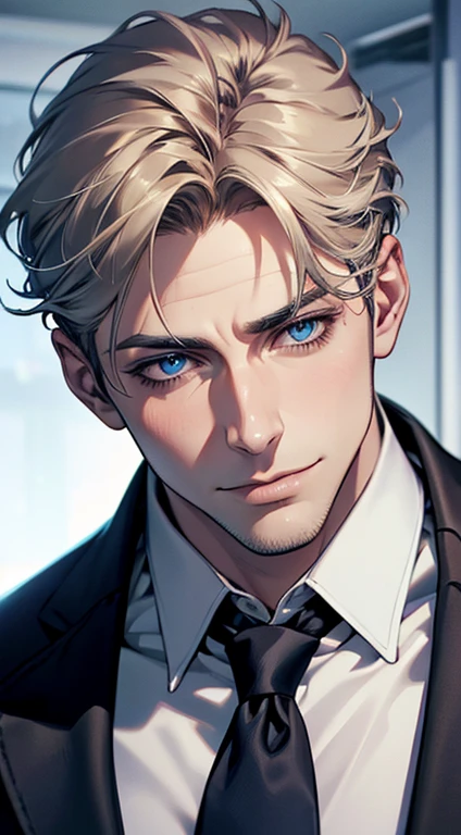 (best quality,4k,8k,highres,masterpiece:1.2),ultra-detailed,(realistic,photorealistic,photo-realistic:1.37),1 man,31 years old,mature man,very handsome,without expression,smile,short grey golden hair,blue eyes,penetrating gaze,perfect face without errors,imposing posture,businessman,office background,cinematic lighting,hdr image