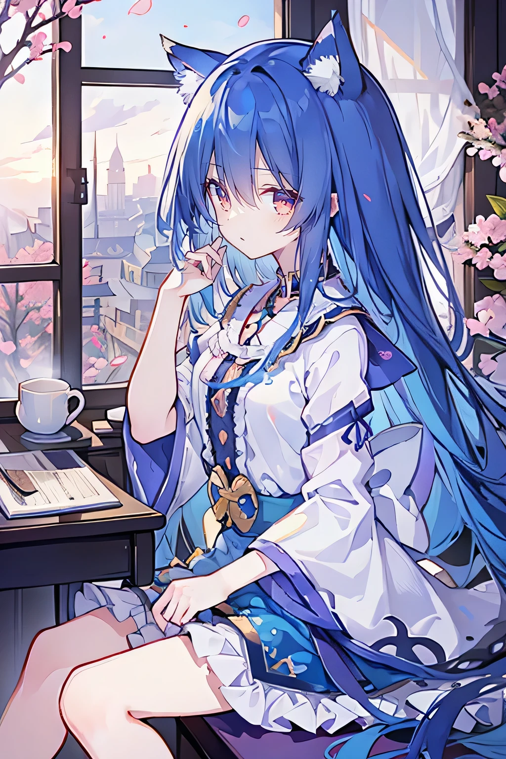 (masterpiece:1.2),Super detailed,lifelike,Expressive eyes,fair skin,perfect face shape,1 girl,
Japanese comics,Gorgeous blue hair,flowing blue hair,flowing clothes,Cat ears,Petals fall,beautiful lola,Baby Angel,
Shaking head with one hand,Cross your legs,,The pavilion is cool and comfortable,smile,back views,sunrise,Petals fall,sunrise,sitting on window sill drinking coffee and looking out the window。