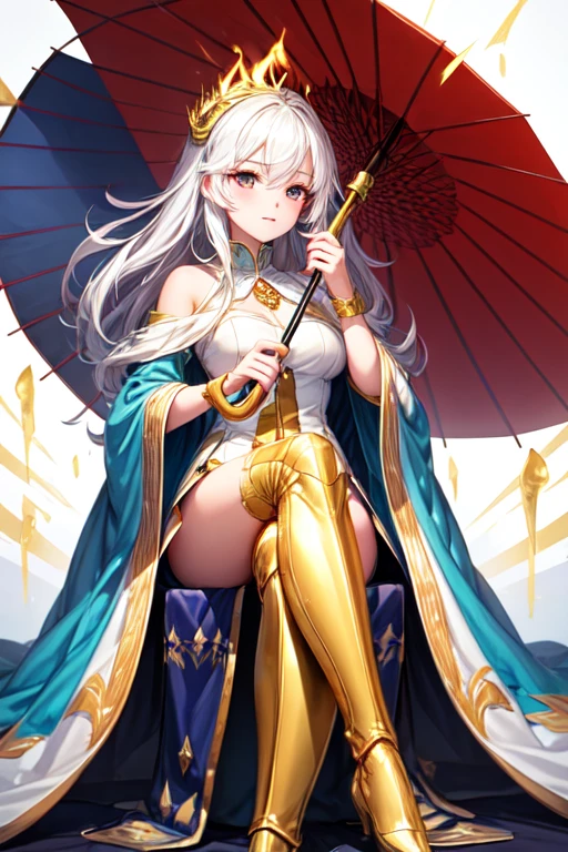 1girl, White hair , flaming eye, Umbrella , Holding an umbrella , Golden aura, Radiates a golden aura, glowing, Sit on the royal throne, wallpaper High quality.