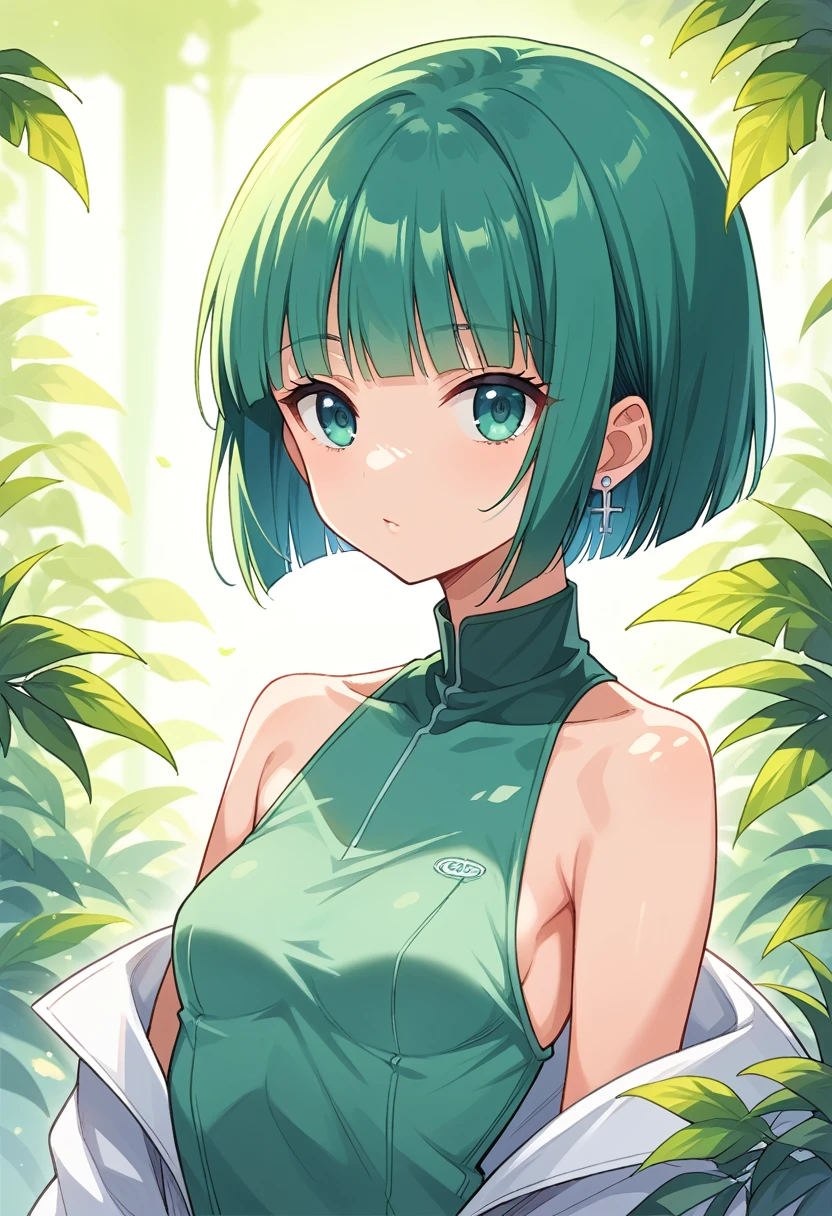 Short Hair Anime Girl and earrings standing in front of a leaf, Clean and detailed anime style, Anime Aesthetics, Turquoise hair anime girl, Anime atmosphere, Flat anime shading, Flowing dark green hair, Soft anime illustration, detailed manga style, Subtle anime style, Anime-style illustrations, Manga art style, Hime cut, Anime Aesthetics, Short Hair Anime Girl、　Lo-Fi、　lo-fi,