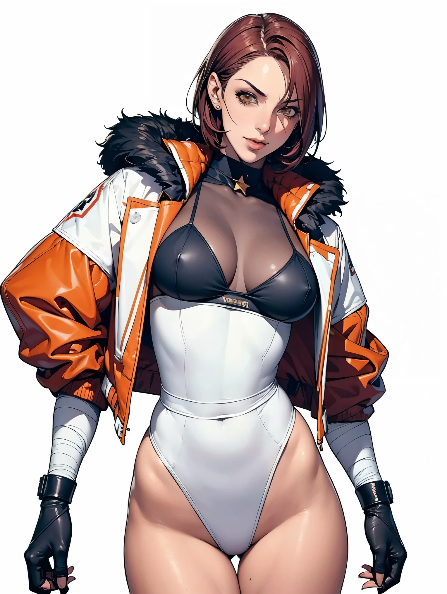 (((Annie Lennox))), (((colorful suit))), (scars), (((bandaged arms))), (((colorful clothes))) (( hood)), (((best quality: 1.4))), (Unbeatable masterpiece), (hyper HD),(CG 8k hyper-realistic), beautiful face, (((breasts big))), (((hyper feminine))), sexly girl, black tattoo,(ultra short red hair with white highlights)), ((( sculptural body ))), (((1 Kizi))), Kizi tatuada de 25 anos com perfect body,,Beautiful and well-groomed face,muscular body:1.2,solid color detailed jacket, (Head to thigh photos), Complex equipment, ,Tight clothes,With white stars and off-white stripes,,,,,Armor Metal Electronic Parts, Poison tattoos ) INFO, Kizi, (((standing alone))), , 24歳, sexy, pose de attitude, work of art, dancing, ((slight smile)), post-apocalypse, (((manga style))), bounty hunter, the way you want, perfect body, roupa moderna, advanced technology, white, yellow accent, black, red accent, fur collar jacket, sleeves with vertical striped pattern, background city, (( cowboy shot )). intricate visual, narrow waist, (((wide hips))), wide hips, fit thighs, (((thigh gap))), Thigh gap, background shows a futuristic airplane, open expression, expression happy
