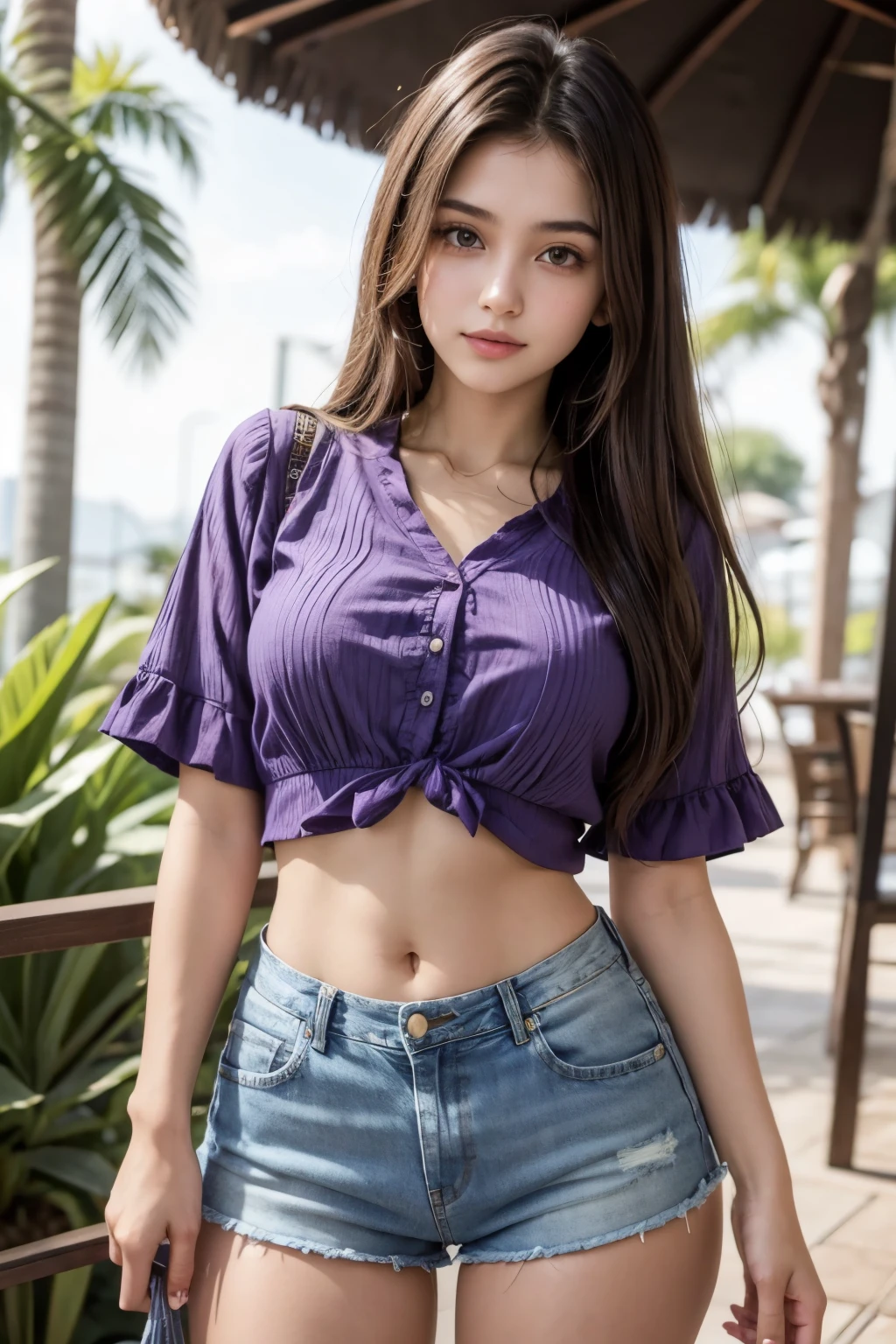 Beautiful 20-year-old brunette Brazilian style girl wearing a short purple blouse and high-waisted denim shorts showing her navel in an upright manner