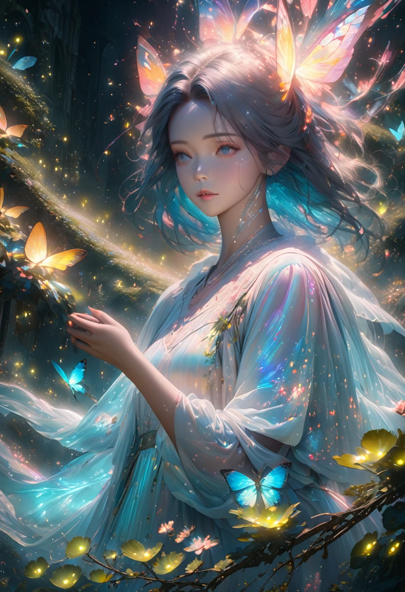 a man made of fireflies, swarm of fireflies, glowing fireflies, ethereal, magical, fantasy, cinematic lighting, surreal, dreamlike, mesmerizing, butterflies made of light, levitating, otherworldly, bioluminescent, iridescent, soft focus, high detail, 8k, photorealistic, masterpiece