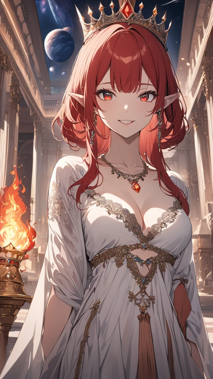 (masterpiece),(best quality),(super fine illustration),(beautiful and detailed eyes),{very detailed light},{painting},{{very fine 8K CG wallpaper}},anime,1girl,solo,beautiful detailed fire,beautiful detailed fire, palace,galaxy,gem,jewelry,necklace,crown,elf,smile,red hair,red eyes, low angle shot,