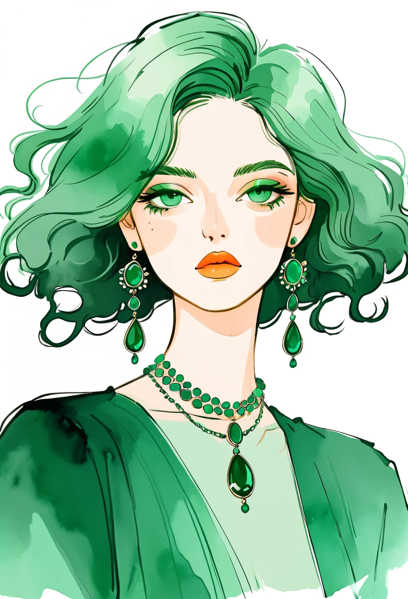 Fashion design sketch：Illustration for girls,Exaggerated Emerald Jewelry,solitary , Digital drawing, Fine Hair, (black line)，Illustration style, Digital Illustration, Color Sketch, watercolor Illustration style,