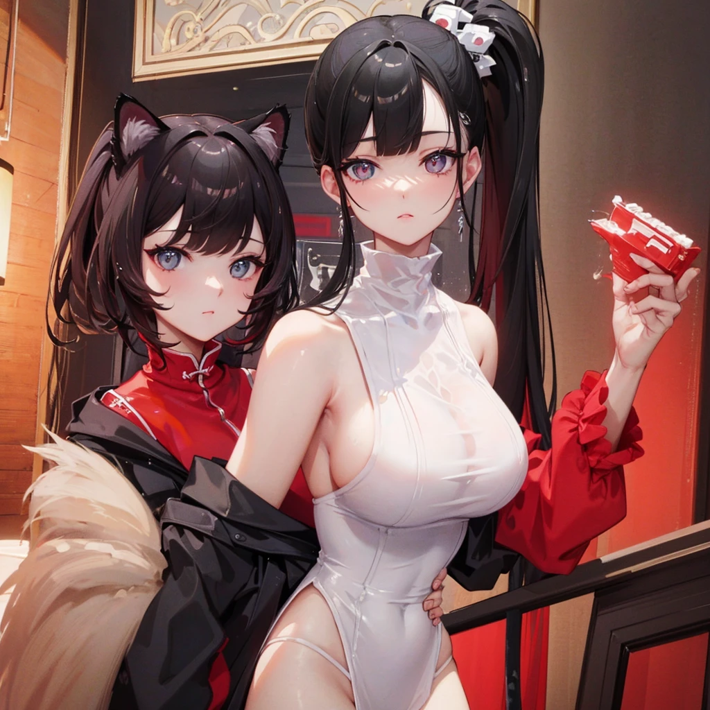 Big Breasts、Cool Girl、Black Hair、High ponytail hairstyle、red clothes、Black Shirt、Dress freely、Tiger cat、Cat Ear Pose、evening、super high quality、Highest quality、Masterpiece、Accurately depict the body structure、High angle。