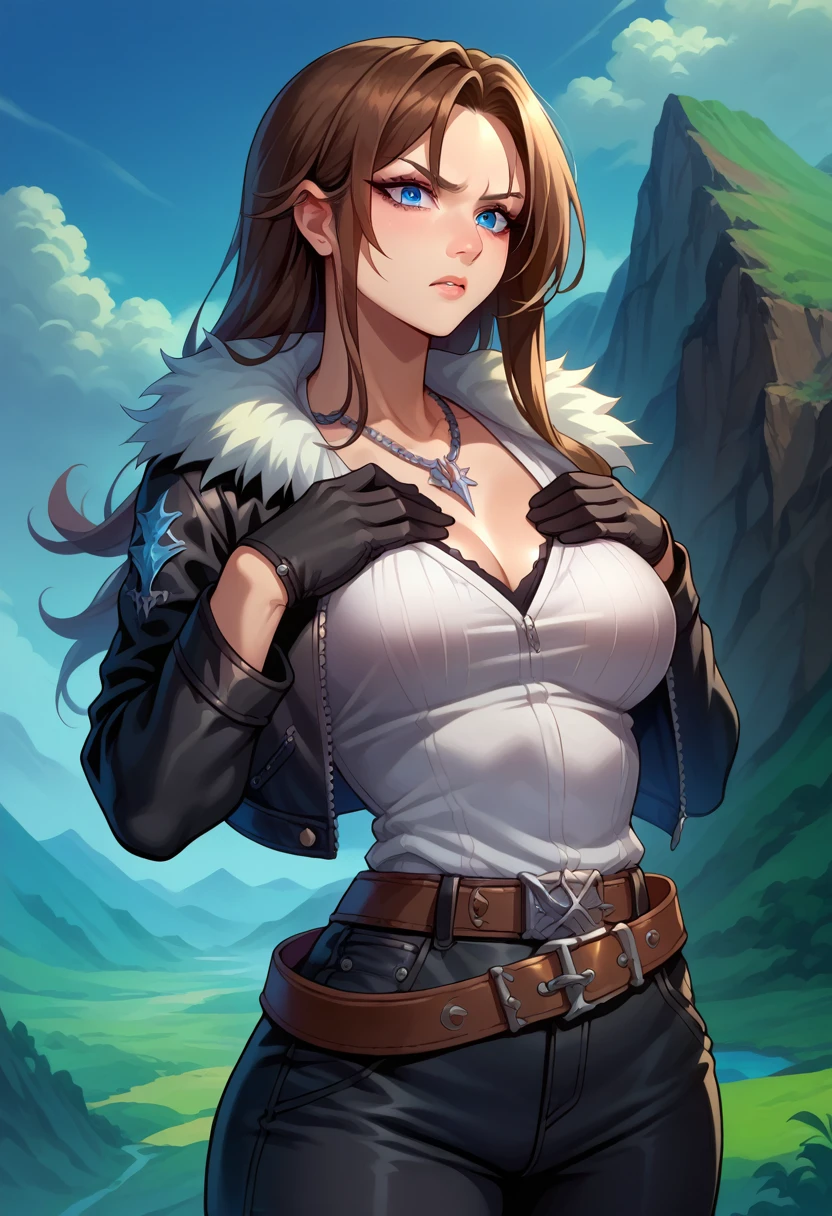 score_9, score_8_up, score_7_up, 1girl, solo, (female:1.5),female focus, female body, squall, necklace, brown hair, long hair, gloves, white shirt, blue eyes, shirt, black gloves, jacket, black jacket, fur trim jacket, black pants, belt,breasts, scar, diagonal scar, scar on face, parted bangs, angry, hands on chest, grabbing own breasts, standing, ((looking down)), landscape,