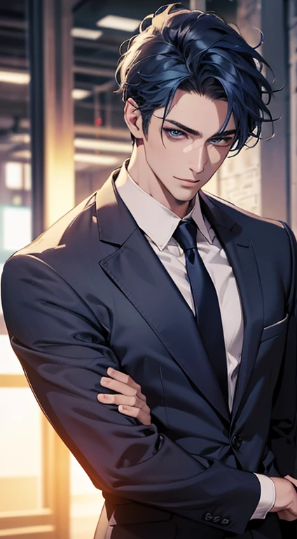 (best quality,4k,8k,highres,masterpiece:1.2),ultra-detailed,(realistic,photorealistic,photo-realistic:1.37),1 man,31 years old,mature man,very handsome,without expression,smile,short blue hair,blue eyes,penetrating gaze,perfect face without errors,imposing posture,businessman,office background,cinematic lighting,hdr image