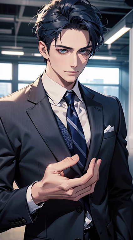 (best quality,4k,8k,highres,masterpiece:1.2),ultra-detailed,(realistic,photorealistic,photo-realistic:1.37),1 man,31 years old,mature man,very handsome,without expression,smile,short blue hair,blue eyes,penetrating gaze,perfect face without errors,imposing posture,businessman,office background,cinematic lighting,hdr image