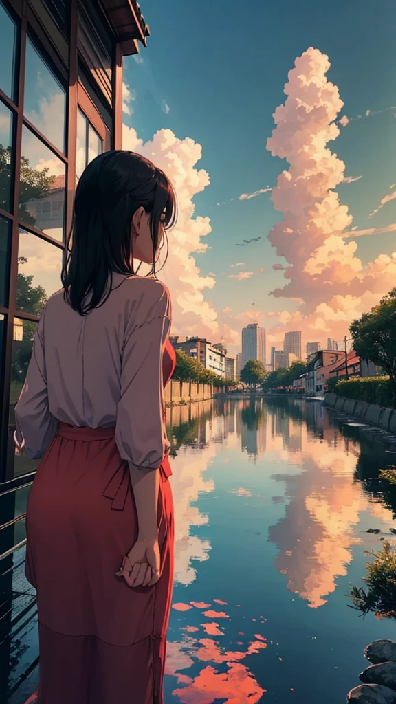 A woman is reflected in the photo.、Back viewEvery sunset carries the promise of a new dawn. Accept the outcome, Paving the way for a beautiful beginning. Nature painting. green, red tint, cloudy, sunset, 小さくA woman is reflected in the photo.、Back view、Fantastic cityscape、