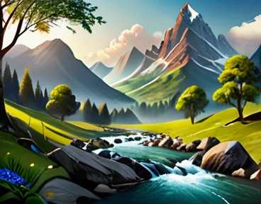 Create a beautiful, eye-catching and attractive Vinkg landscape with a mountain river and trees 