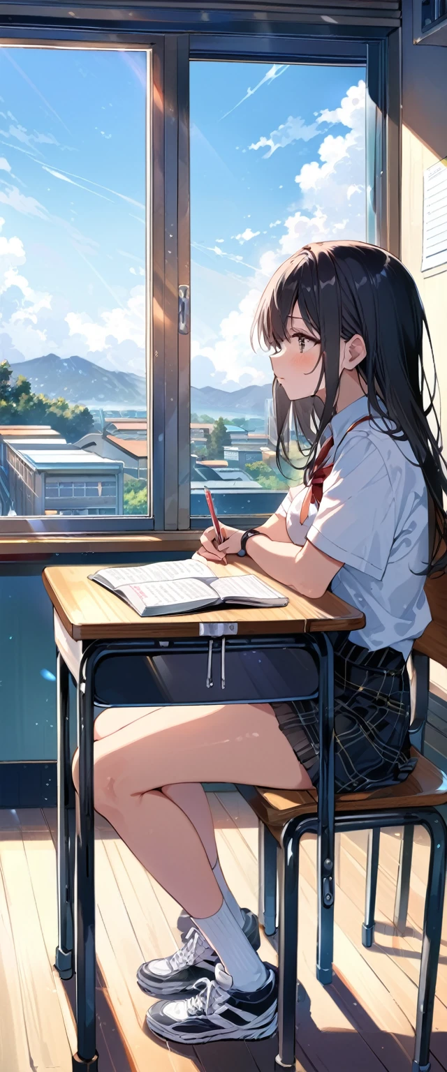 (((masterpiece))),(((Highest quality))),((Very detailed)),Wooden chair,The desk and chair are perpendicular to the window.,high school student,classroom,profile,The eye is looking forward,During class,Sitting,16 year old girl with black hair,textbook,Note,Holding a pencil,landscape,The background is outside the window, 8k, Super Detail,Particles of light,The whole scene is shining&#39;S