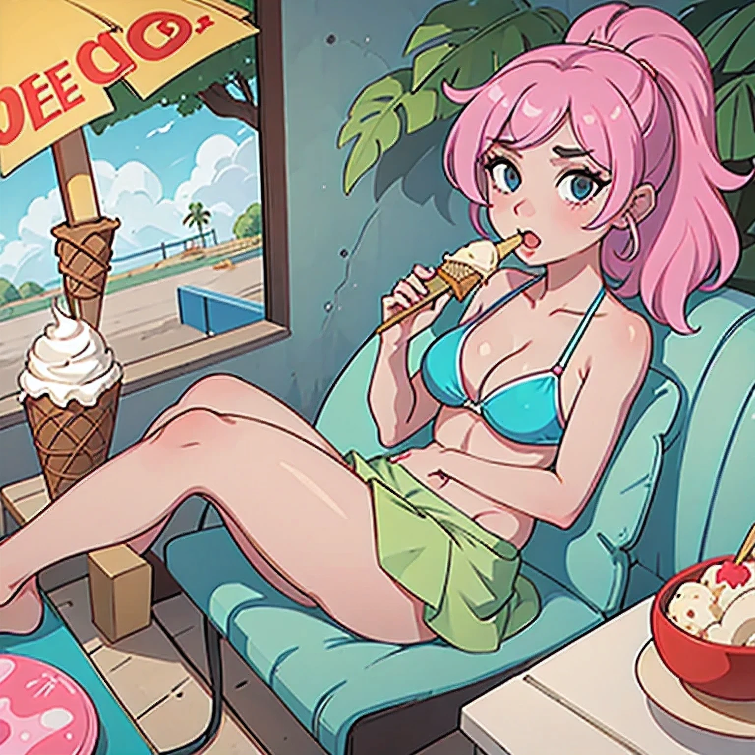 girl in a bikini eating an ice cream cone, eating ice cream, in a bikini, angela white, giorgia meloni, katy perry, in bikini, eating ice - cream, wearing spandex bikini, ice cream on the side, bikini, ice cream, wearing a bikini, candid photo of dirty, shiny plastic bikini, candid shot, cone, 1 girl, solo，in a green dress standing by a wall,portrait of female idol