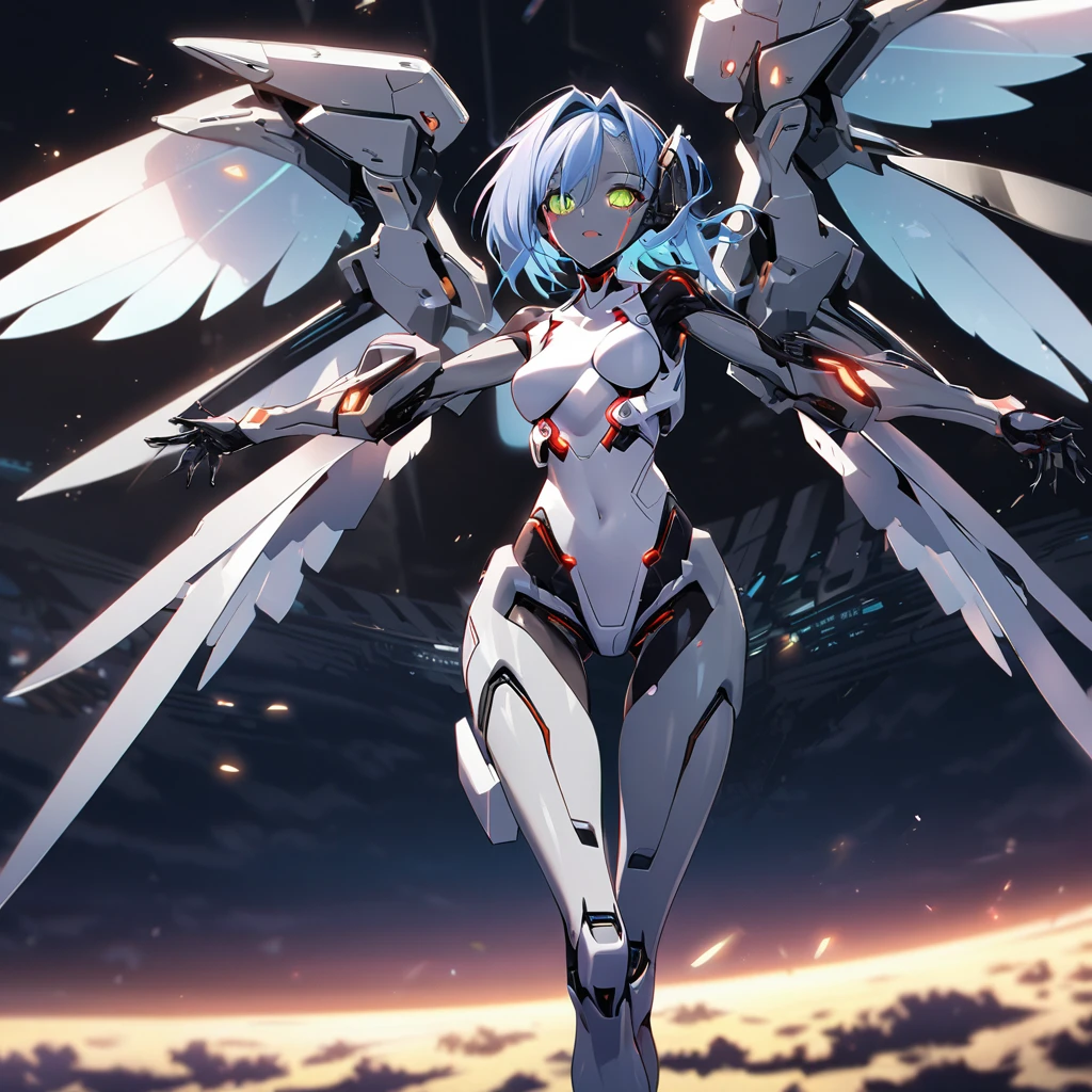 science fiction, android girl(full metal skin, cyber joint, metal hair), over the sky, flight wings