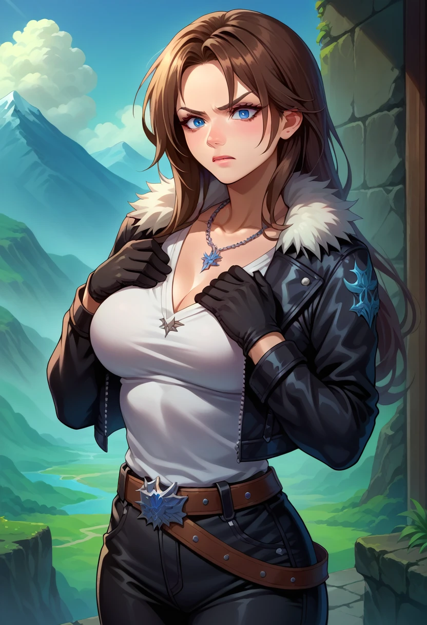 score_9, score_8_up, score_7_up, 1girl, solo, (female:1.5),female focus, female body, squall, necklace, brown hair, long hair, gloves, white shirt, blue eyes, shirt, black gloves, jacket, black jacket, fur trim jacket, black pants, belt,breasts, scar, diagonal scar, scar on face, parted bangs, angry, hands on chest, grabbing own breasts, standing, ((looking down)), landscape,