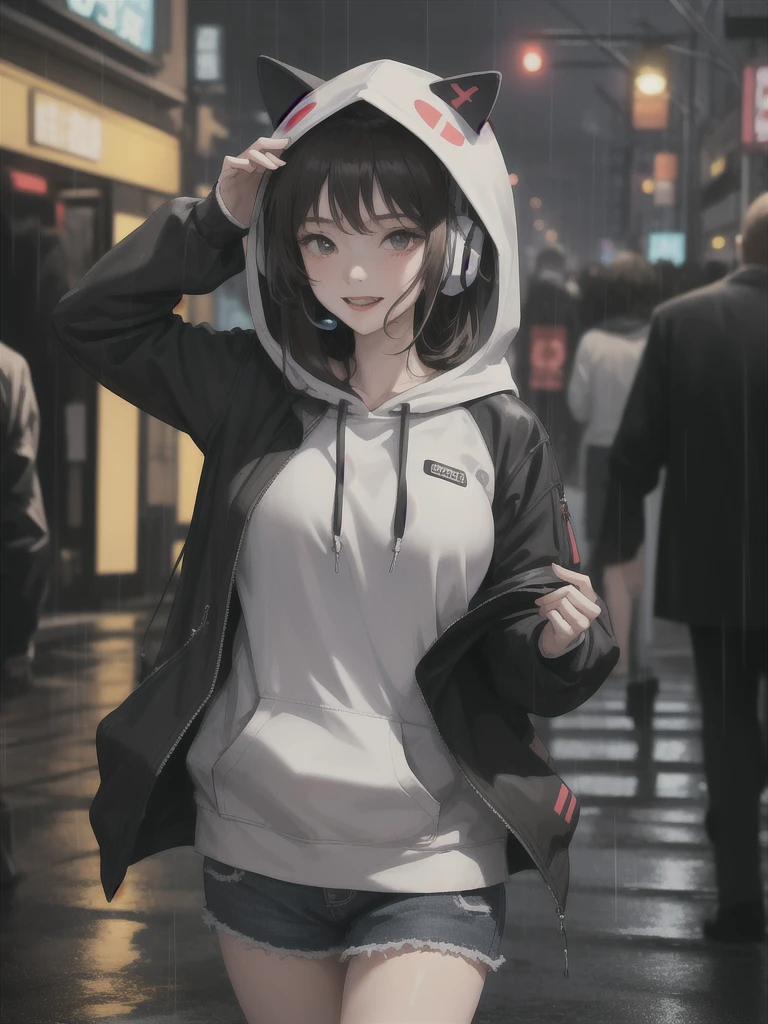 masterpiece,1girl,solo,incredibly absurdres,hoodie,headphones, street,outdoors,rain,neon lights, light smile, hood up, hands straight, looking direct in camera, from front