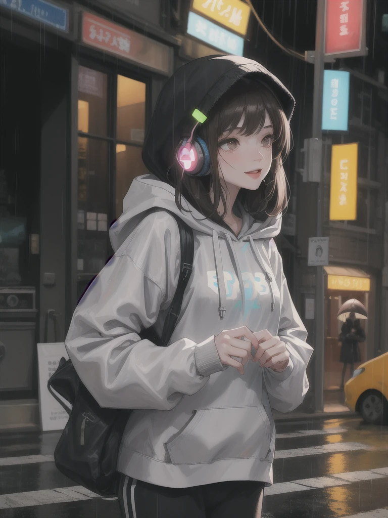 masterpiece,1girl,solo,incredibly absurdres,hoodie,headphones, street,outdoors,rain,neon lights, light smile, hood up, hands straight, looking direct in camera, from front