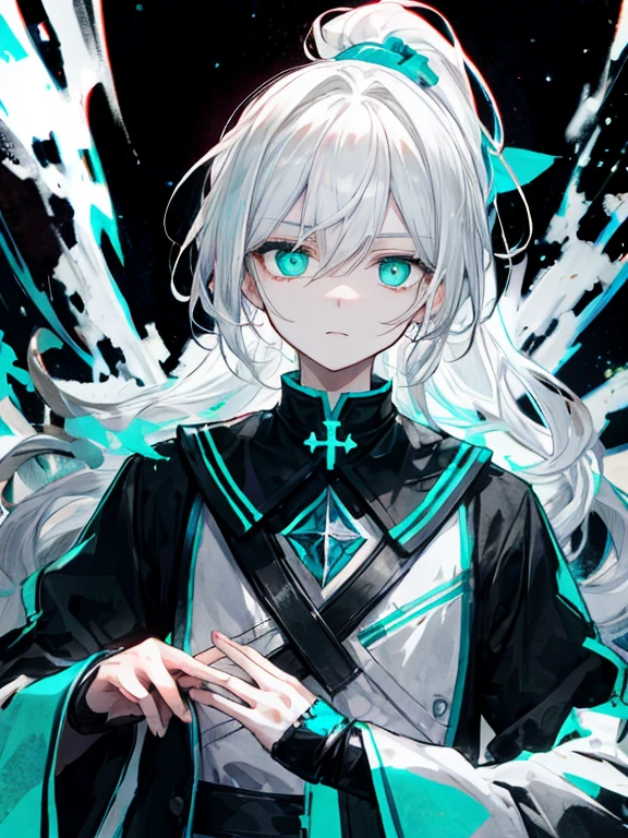 highest quality、muste piece、super detailed、perfect face、very detailed、very delicate、1 boy, (scared), (white hair)、ponytail、dark, shining eyes, Light green eyes,  holy, ,White tunic,race, full of confidence,  please keep your mouth shut、expressive eyes, collofull eyes, contrast, shadowy, muste piece, digital art, shining eyes, Intimidating, damaged, devilish, abstract background, white, black and teal、Let the bright, shining stars float in your hands、fear、universe